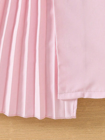 Young Girls' Short Sleeve Dress With Peter Pan Collar, Pleats And Flared Hem