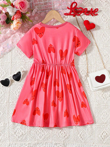 Young Girls Short Sleeve Heart Printed Casual Dress For Summer