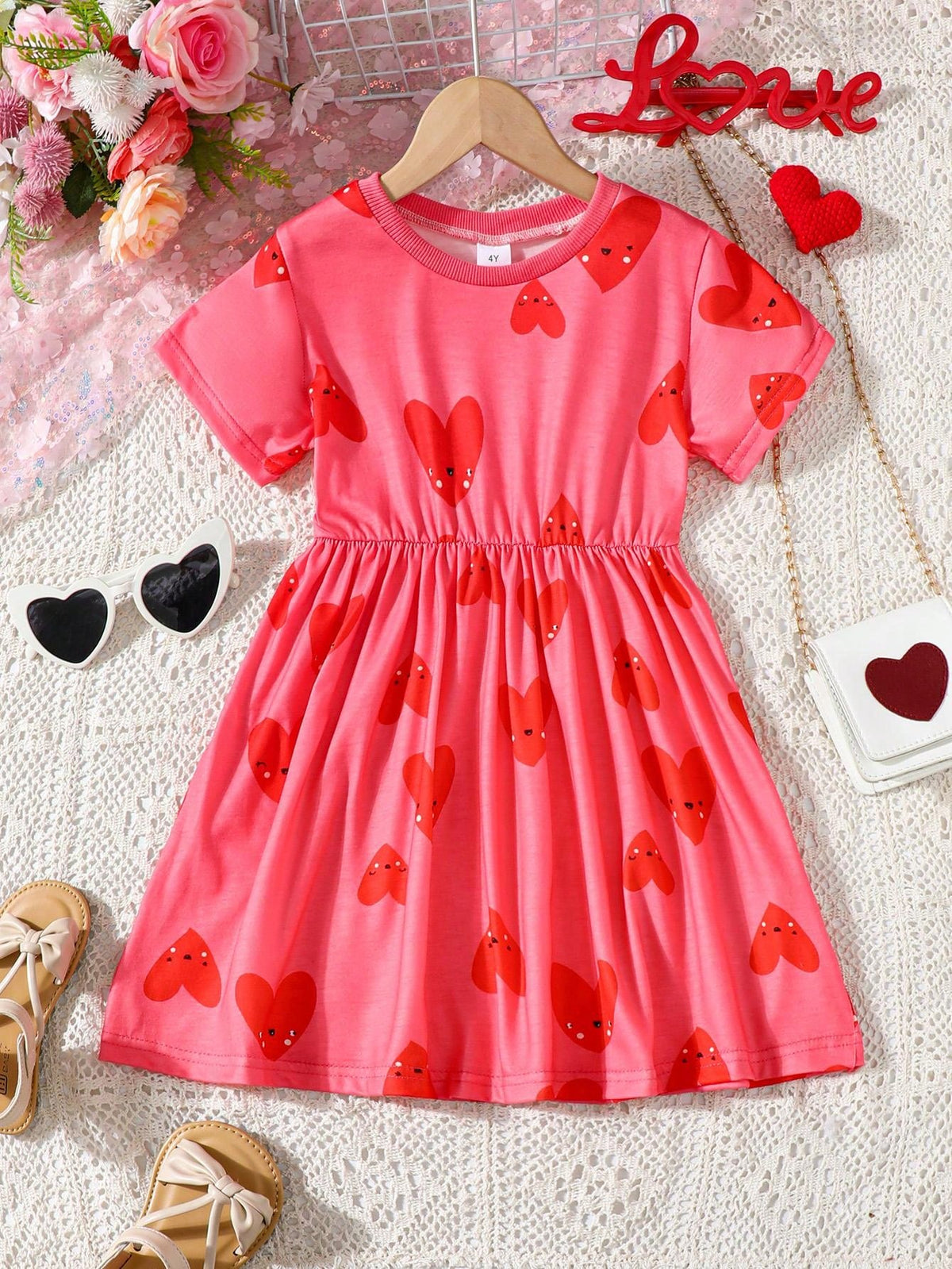 Young Girls Short Sleeve Heart Printed Casual Dress For Summer