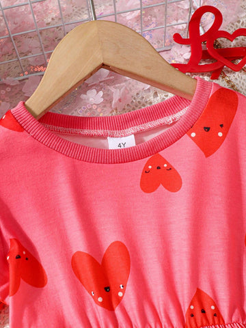 Young Girls Short Sleeve Heart Printed Casual Dress For Summer