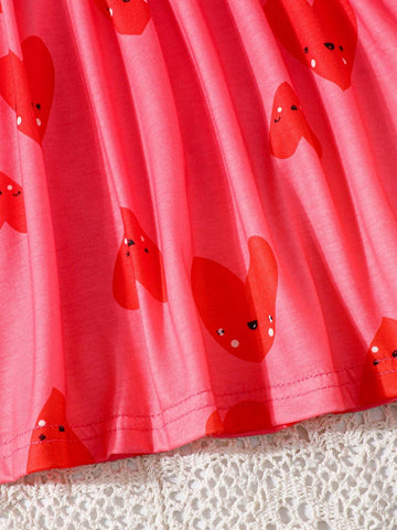 Young Girls Short Sleeve Heart Printed Casual Dress For Summer