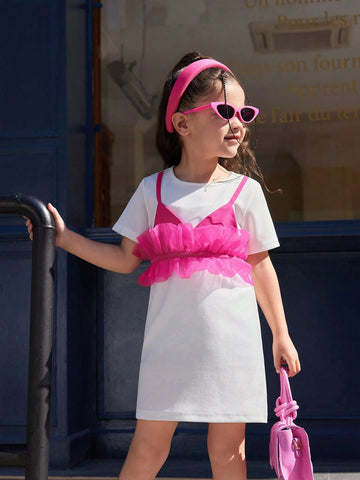 Young Girls Short Sleeve Mesh Contrast Casual Simple Fashion Daily Dress