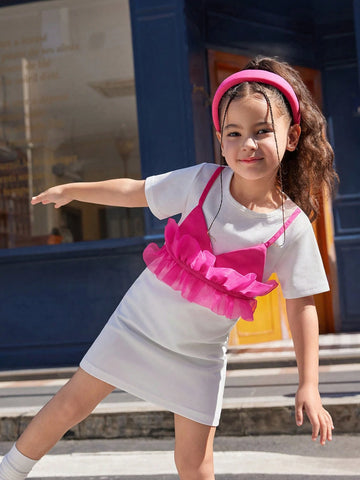 Young Girls Short Sleeve Mesh Contrast Casual Simple Fashion Daily Dress