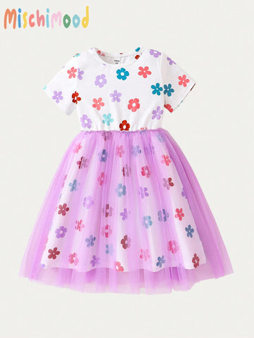 Young Girls Short Sleeve Mesh Patchwork Dress, Elegant Floral Macaron Color Series Graceful Mesh