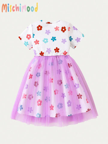 Young Girls Short Sleeve Mesh Patchwork Dress, Elegant Floral Macaron Color Series Graceful Mesh