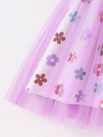Young Girls Short Sleeve Mesh Patchwork Dress, Elegant Floral Macaron Color Series Graceful Mesh