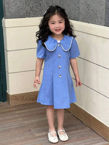 Young Girls' Short Sleeve Mid-Long Doll Collar Button Decorated Summer Dress