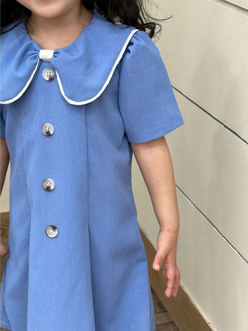 Young Girls' Short Sleeve Mid-Long Doll Collar Button Decorated Summer Dress