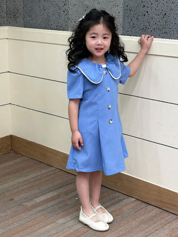 Young Girls' Short Sleeve Mid-Long Doll Collar Button Decorated Summer Dress