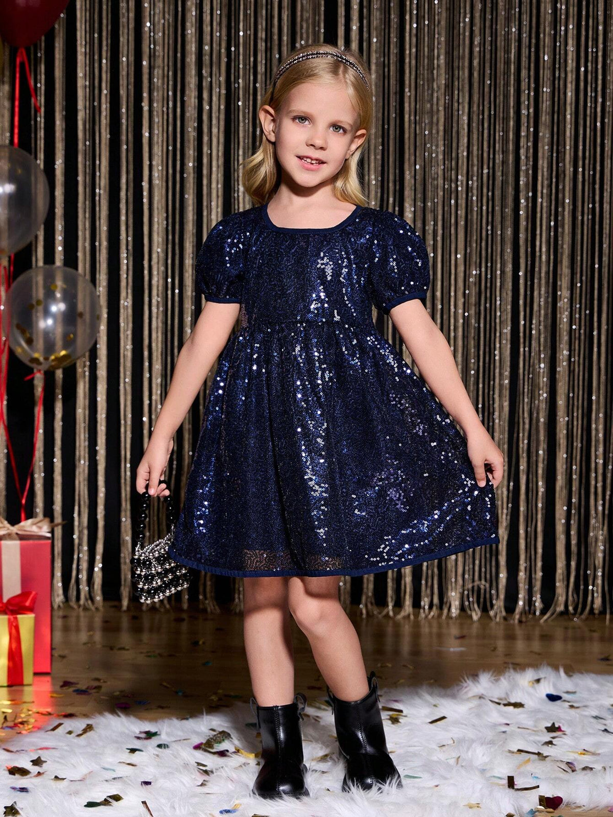 Young Girls Short Sleeve Sequin Embellished Ruffle Trim Blue Party Dress, Classic Cute Puff Sleeve Holiday Formal Princess Skirt, New Arrival Fall Winter