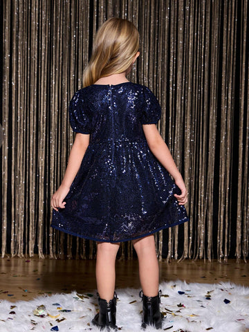 Young Girls Short Sleeve Sequin Embellished Ruffle Trim Blue Party Dress, Classic Cute Puff Sleeve Holiday Formal Princess Skirt, New Arrival Fall Winter