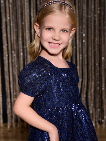 Young Girls Short Sleeve Sequin Embellished Ruffle Trim Blue Party Dress, Classic Cute Puff Sleeve Holiday Formal Princess Skirt, New Arrival Fall Winter