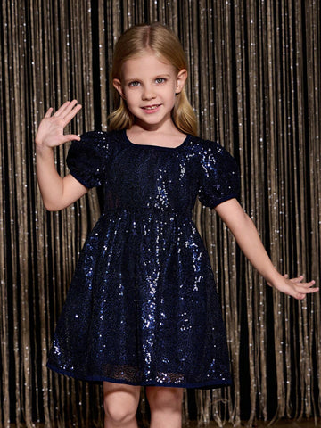 Young Girls Short Sleeve Sequin Embellished Ruffle Trim Blue Party Dress, Classic Cute Puff Sleeve Holiday Formal Princess Skirt, New Arrival Fall Winter