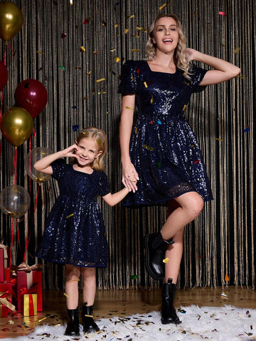 Young Girls Short Sleeve Sequin Embellished Ruffle Trim Blue Party Dress, Classic Cute Puff Sleeve Holiday Formal Princess Skirt, New Arrival Fall Winter