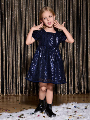 Young Girls Short Sleeve Sequin Embellished Ruffle Trim Blue Party Dress, Classic Cute Puff Sleeve Holiday Formal Princess Skirt, New Arrival Fall Winter