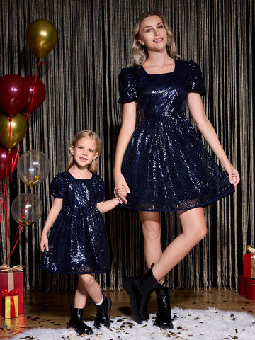 Young Girls Short Sleeve Sequin Embellished Ruffle Trim Blue Party Dress, Classic Cute Puff Sleeve Holiday Formal Princess Skirt, New Arrival Fall Winter