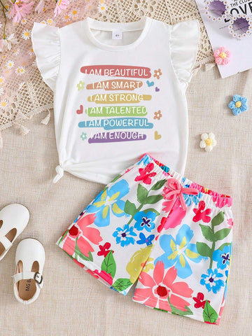 Young Girl's Short Sleeve Top With Letter Print & Ruffle Trim And Floral Printed Shorts