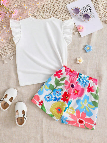 Young Girl's Short Sleeve Top With Letter Print & Ruffle Trim And Floral Printed Shorts