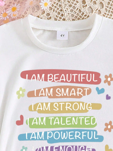 Young Girl's Short Sleeve Top With Letter Print & Ruffle Trim And Floral Printed Shorts