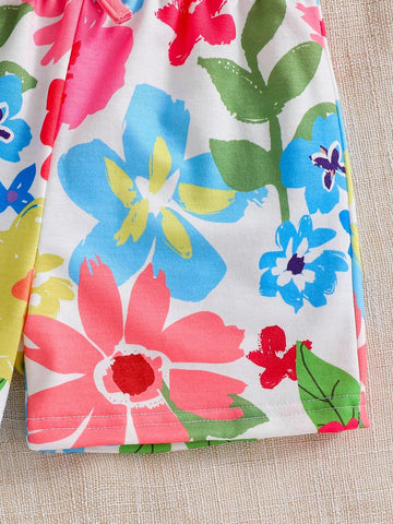 Young Girl's Short Sleeve Top With Letter Print & Ruffle Trim And Floral Printed Shorts