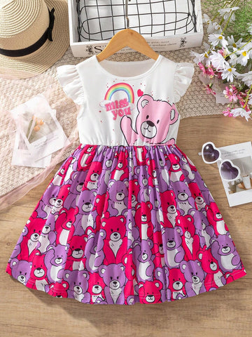 Young Girls' Simple Daily Dress With Bear Print