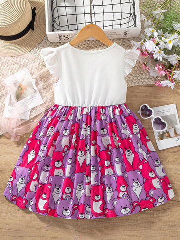 Young Girls' Simple Daily Dress With Bear Print