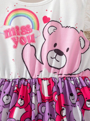 Young Girls' Simple Daily Dress With Bear Print