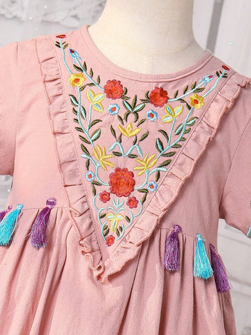 Young Girls' Simple Daily Dress With Flower Embroidery Decoration