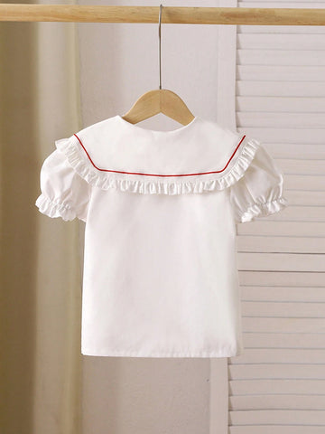 Young Girls' Simple Flower Embroidered Puff Sleeve Shirt