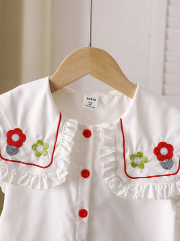 Young Girls' Simple Flower Embroidered Puff Sleeve Shirt