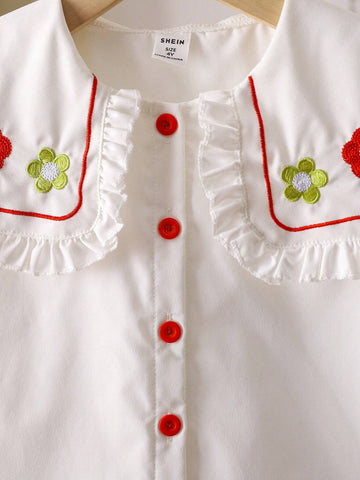 Young Girls' Simple Flower Embroidered Puff Sleeve Shirt