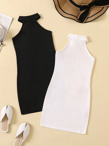 Young Girl's Simple Halter Neck Sleeveless Dress For Summer