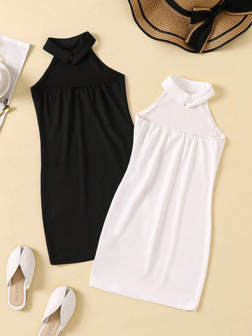 Young Girl's Simple Halter Neck Sleeveless Dress For Summer
