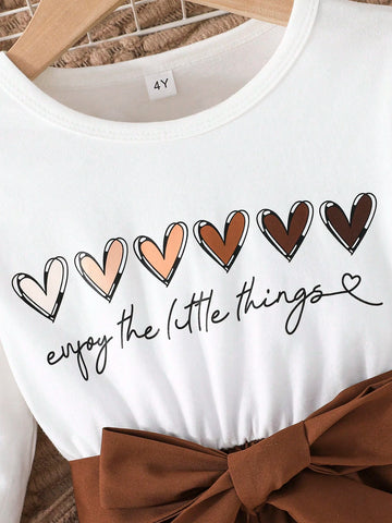 Young Girls Simple Heart & English Letter Print Long Sleeve Dress With Belt, Spring Autumn