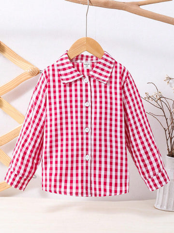 Young Girls' Simple Plaid Single-Breasted Casual Shirt In Red And White