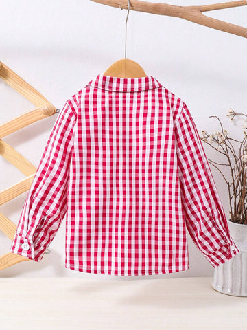 Young Girls' Simple Plaid Single-Breasted Casual Shirt In Red And White