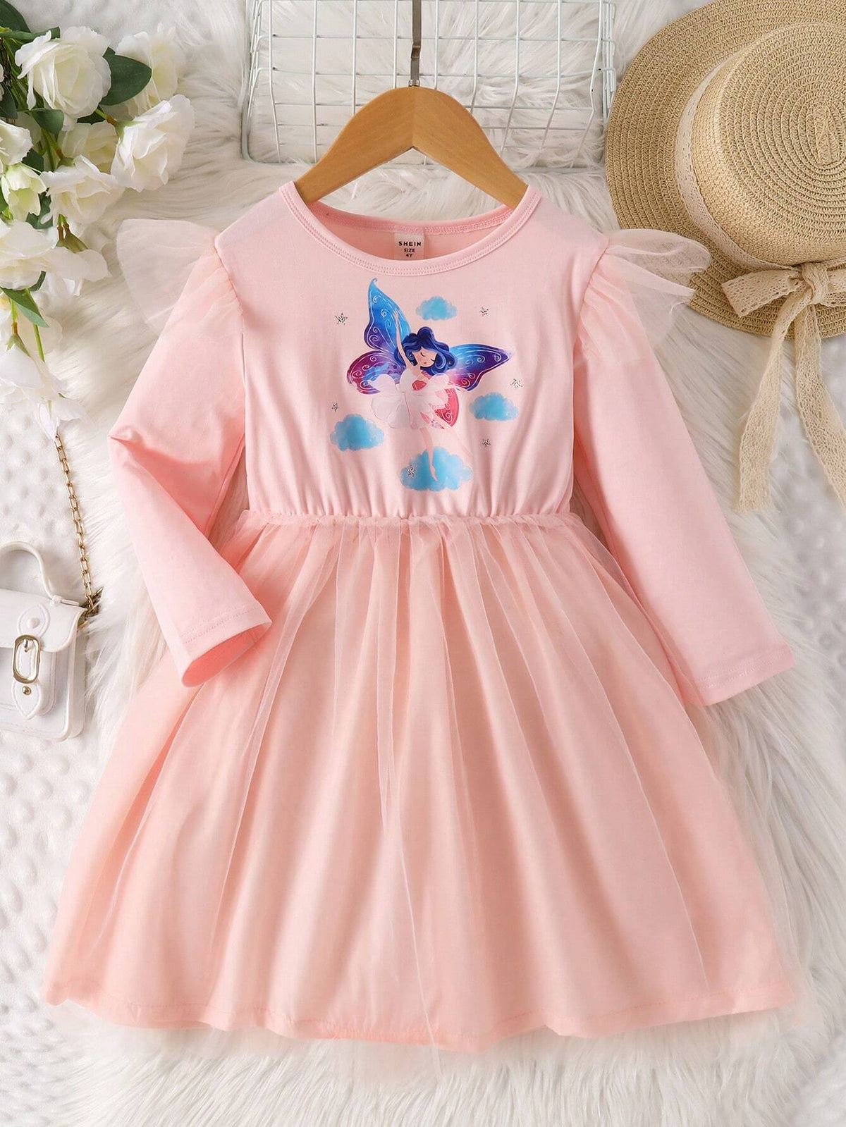 Young Girls' Simple Print Long Sleeve Dress