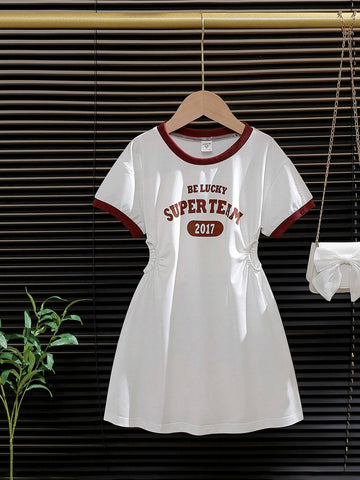Young Girls' Simple Print Short Sleeve Dress