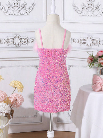 Young Girls' Simple & Fashionable Sparkling Glitter Top & Woolen Skirt Splicing Cami Dress