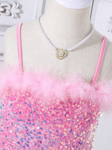 Young Girls' Simple & Fashionable Sparkling Glitter Top & Woolen Skirt Splicing Cami Dress
