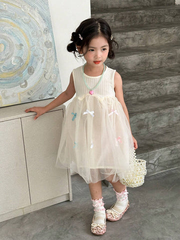 Young Girls Sleeveless Bow Front Mesh Overlay Dress