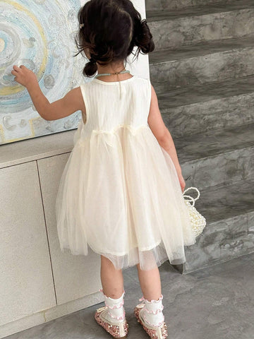 Young Girls Sleeveless Bow Front Mesh Overlay Dress