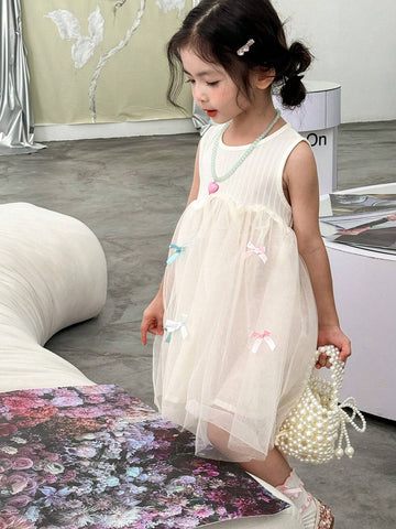 Young Girls Sleeveless Bow Front Mesh Overlay Dress