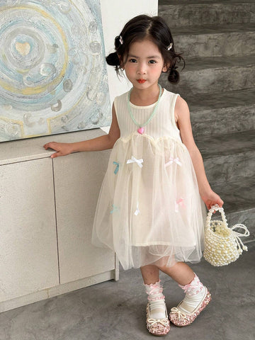 Young Girls Sleeveless Bow Front Mesh Overlay Dress