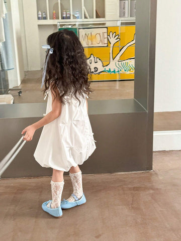 Young Girls Sleeveless Bow Front Ruffle Trim Smock Dress
