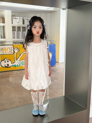 Young Girls Sleeveless Bow Front Ruffle Trim Smock Dress