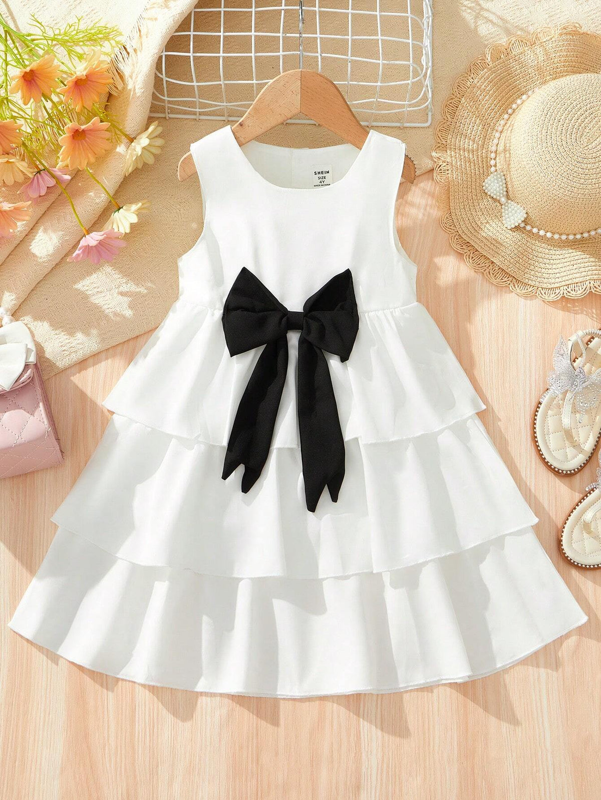 Young Girls' Sleeveless Cake Dress With Bow Decoration For Summer