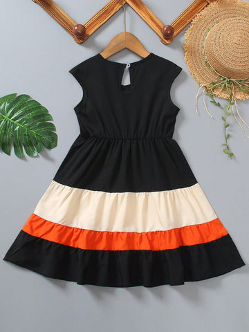 Young Girl's Sleeveless Color Block Patchwork Simple Casual Everyday Dress