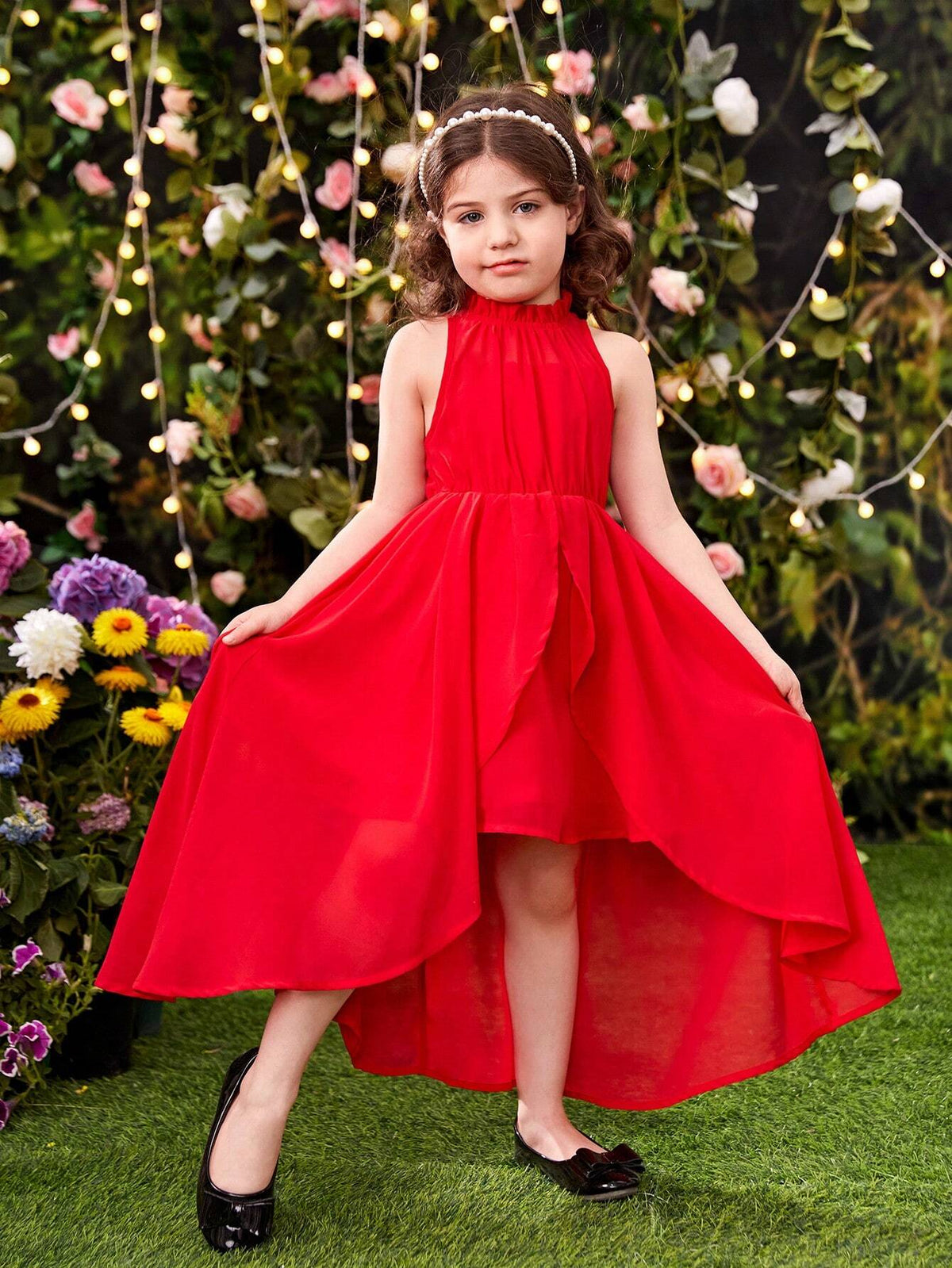 Young Girls' Sleeveless Dress With Stand Collar, Irregular Hem And Ruffle Trim