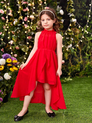Young Girls' Sleeveless Dress With Stand Collar, Irregular Hem And Ruffle Trim